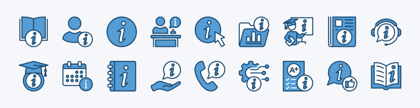 Set of information sign and communication technology icon. Contains info, help button, faq, support, guide, manual book, service, inform, help desk, answer - vector illustration