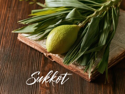 Fresh sukkot palm leaf branches on wooden surface