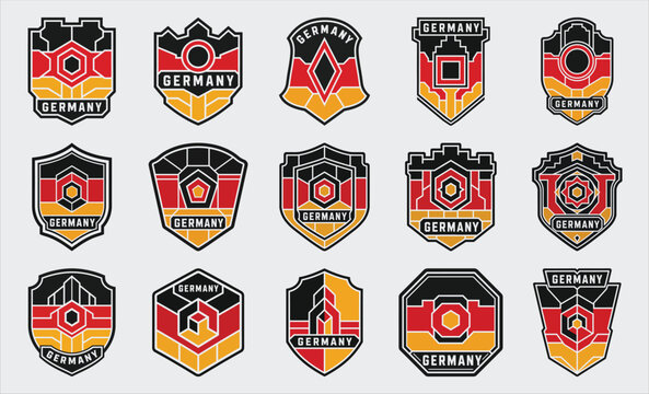 Germany flag badge set with shield emblem and landmark vector collection