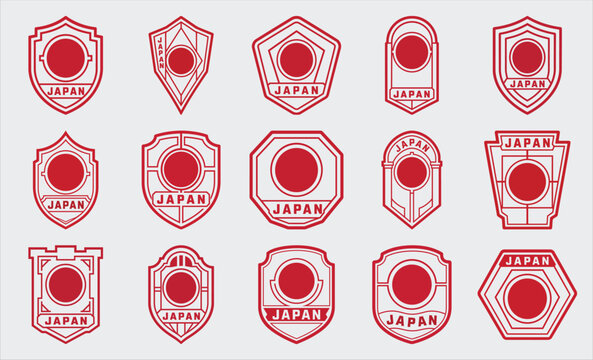 Japan flag badge set with rising sun shield emblem vector collection