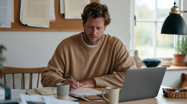A ghostwriter at a quiet farmhouse desk surrounded by handwritten drafts and NAD supplement research printouts, before and after manuscript pages pinned to a corkboard above the