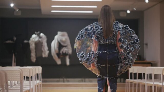 Fashion model walking on runway in experimental dress with floral elements and transparent plastic details during clothing presentation.