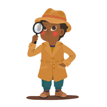 Child detective with magnifying glass and brown coat vector character isolated on white