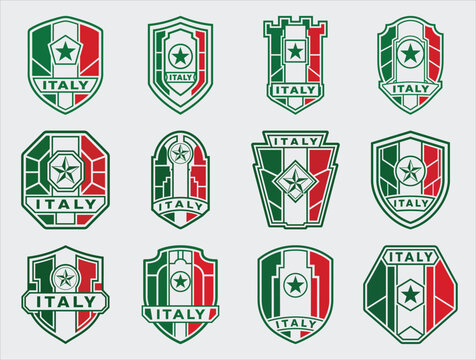 Italy flag badge set with shield emblem and landmark vector collection