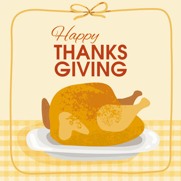 Happy Thanksgiving card with roasted turkey on plate festive holiday dinner in warm colors
