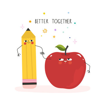 Cute pencil and red apple holding hands with Better Together text vector school friendship concept