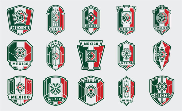 Mexico flag badge set with eagle shield emblem vector collection