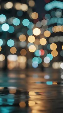 City Lights Reflecting in Wet Pavement, Slowly Tracking Past a Blurred Urban Scene. 4k Upscaled Footage. with Blurred Lights