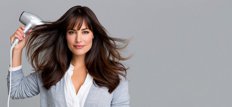 Female model with long dark hair holds a silver hairdryer while styling her hair against a plain gray background, showcasing a beauty and hair care theme