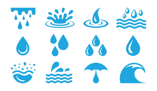 Blue water drop and splash icon collection for weather forecast applications and environmental design art.