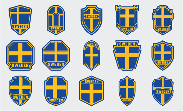 Sweden flag badge set with Nordic cross shield emblem vector collection