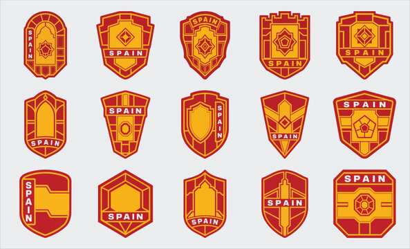 Spain flag badge set with coat of arms shield emblem vector collection