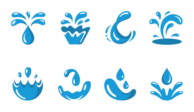 Blue liquid splash and fountain icons set for dynamic movement illustration and water company branding.