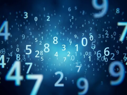 Floating numbers create a dynamic abstract background with a deep blue hue.