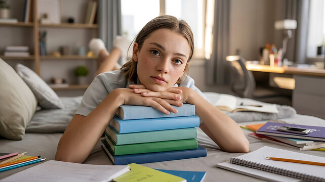 Tired student lying on bed with a stack of books and study materials in a cozy bedroom