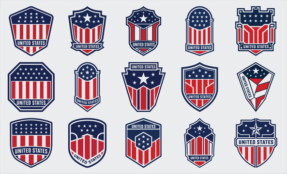 United States flag badge set with stars and stripes shield emblem vector collection