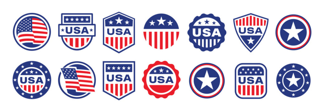 USA Badge Icons Set, American Patriotic Shield Labels Collection, Red White Blue Emblems
