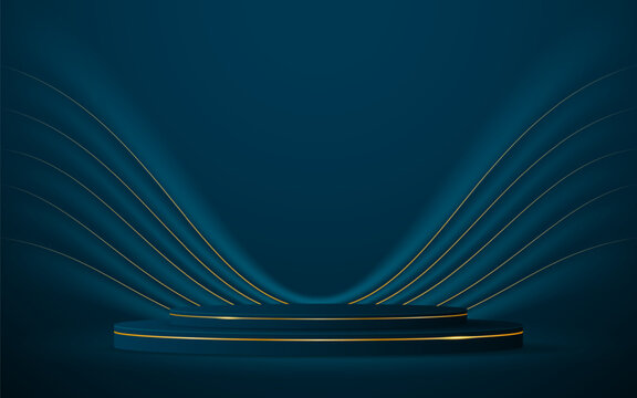 Blue podium with elegant gold lines for the best awards or product display. stage or podium. vector illustration