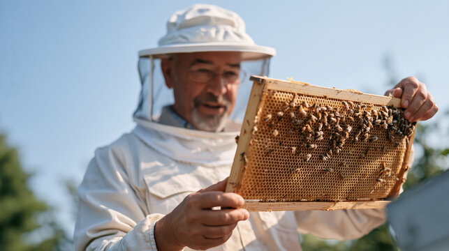 A beekeeper in protective suit photographed from a child seated low perspective, looking up at a towering apiarist lifting a full honeycomb frame outdoors, late retirement age
