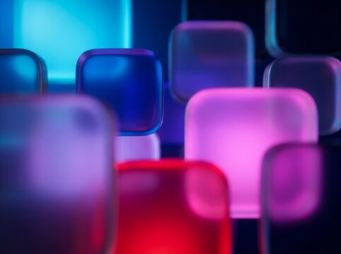 Vibrant glowing cuboidal shapes in blue, pink, and red on a dark background.