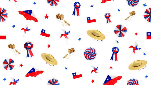 Chilean patriotic items creating a festive repeating pattern for fiestas patrias on transparent background