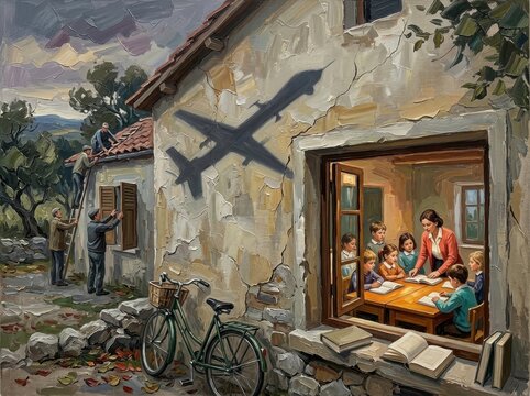 Children learning indoors with a shadow of a plane symbolizing the need for educational safety