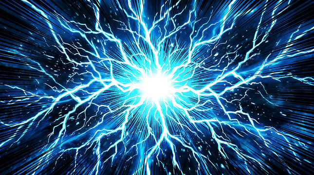 Brilliant blue lightning strikes with intense energy and powerful radial motion lines in this dynamic illustration