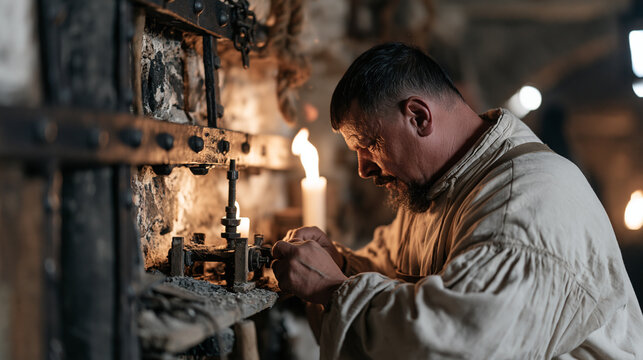 A professional ratcatcher sets a humane trap by candlelight in a stone cellar, the single object in focus being a carefully baited mechanism on a dusty shelf, warm flame shadows