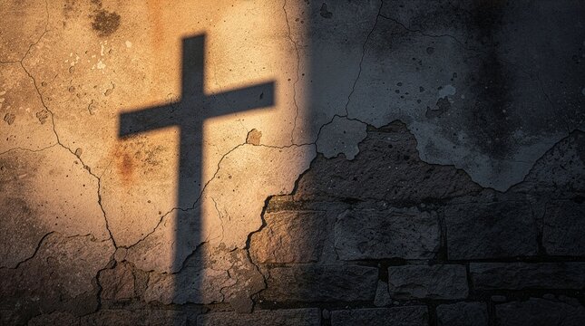 A sharp shadow of a Christian cross falls on a rustic, cracked stone wall, illuminated by warm sunlight that creates a powerful contrast of light, shadow, faith, and ancient texture.