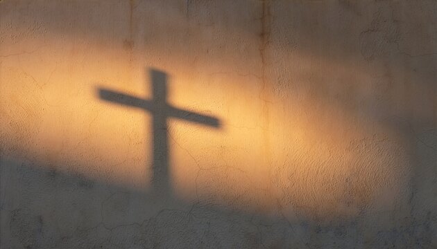 A soft shadow of a Christian cross cast on a textured stucco wall by warm golden hour sunlight, creating a peaceful, dreamlike, and spiritual atmosphere of faith and devotion.
