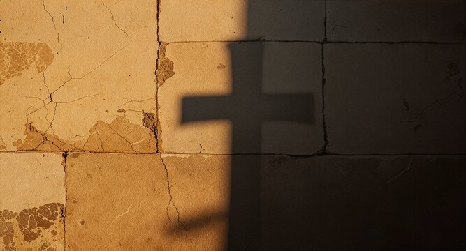 A subtle shadow of a Christian cross cast onto a cracked stone tiled wall, split by harsh sunlight and deep shadow to create a minimalist, spiritual concept of faith and hope.