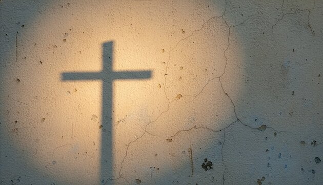A clean shadow of a Christian cross cast within a circular spotlight on a cracked concrete wall, creating a symbolic, divine, and spiritual concept of hope, faith, and salvation.