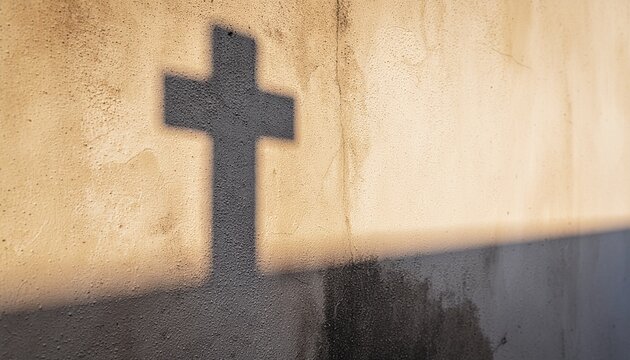 A sharp, dark shadow of a Christian cross cast on a weathered two-toned wall with strong diagonal sunlight, creating a dramatic and spiritual concept of faith, hope, and resilience.