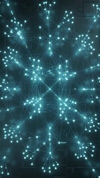 Glowing Network Nodes Expanding and Connecting, Forming a Complex Digital Structure. Seamless Looping Animation with Blue Light Trails.