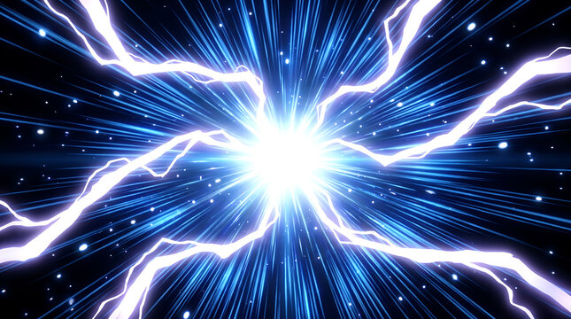 Radiant electric blue lightning bolts emanate from a bright central starburst explosion in dark space