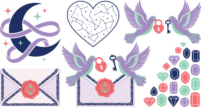 Mystical Romantic Vector Elements Featuring Doves Crescent Moon Envelopes Heart Constellation and Gemstones