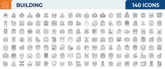 Naklejka premium Set of 120 outline icons related to Building. Mega collection icons. Vector illustration