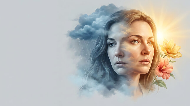 Conceptual portrait of a woman showing duality of emotions with rain clouds and stormy weather versus sunshine and flowers