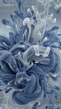 Ink Swirls and Blooms in Blue and White, Creating a Mesmerizing Fluid Art Animation. Dynamic Motion Graphics Loop.
