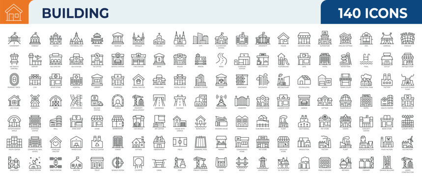 Set of 120 outline icons related to Building. Mega collection icons. Vector illustration
