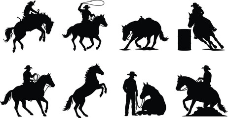 Fototapeta premium Rodeo Cowboy Silhouette Vector Pack Featuring Bronc Riding Lassoing Barrel Racing and Reining