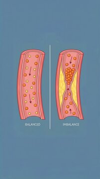 Arterial condition illustration: cholesterol level, artery health, lipid profile, plaque deposit, vascular risk, healthy balance, imbalance danger, blood circulation.
