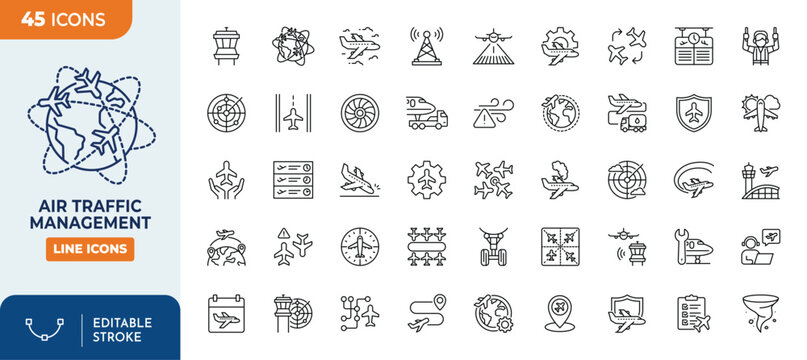 Air traffic management line editable icon set. Containing aircraft control, radar, Navigation, communication, radio, and more. Vector illustration	
