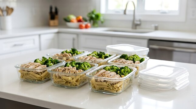 Healthy meal prep containers with grilled chicken and broccoli on a clean kitchen counter at home. chicken broccoli ziti