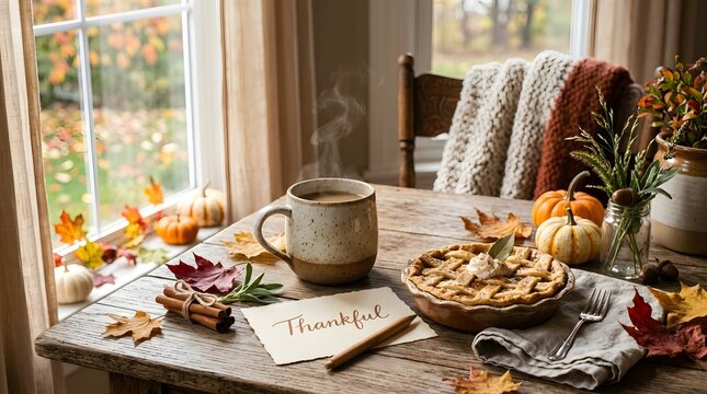 A cozy thanksgiving scene unfolds with warm light streaming through the window showcasing a delightful spread of autumnal treats and heartfelt gratitude
