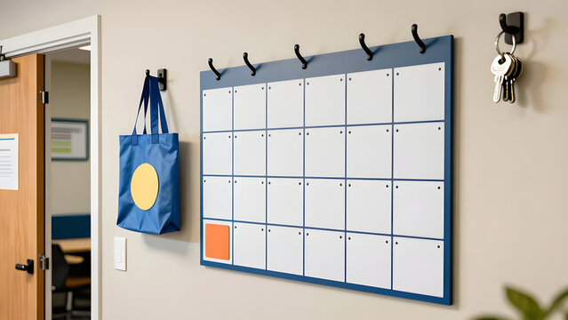 Blank Calendar Organizer: A large, empty wall calendar with a grid layout hangs on the wall, ready for appointments, events, or reminders. A blue tote bag and keys are also visible.