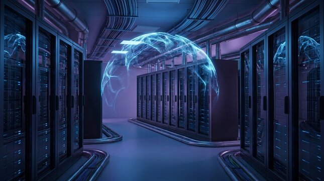 Futuristic server room with glowing digital data visualization dome in a high tech data center.