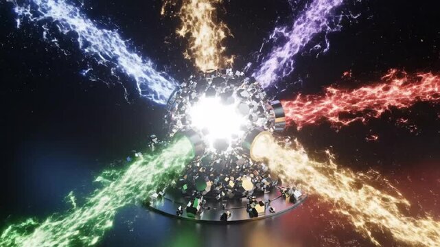 Exploding virus particles with glowing DNA strands and cellular destruction in dark background