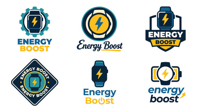 This image displays a series of logos focused on 'Energy Boost', featuring dynamic symbols and colors that convey motivation, vitality, and an energetic lifestyle.