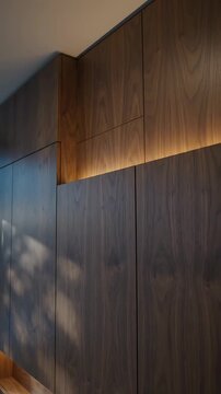 Wooden Wall Shelf with Integrated Lighting Gradually Fades in and Out, Creating a Dynamic, Modern Interior Design.